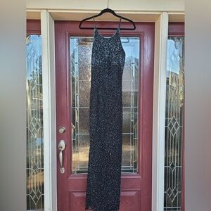 Vintage Sean Collection Silver Beaded Black Silk High Neck Formal Gown medium